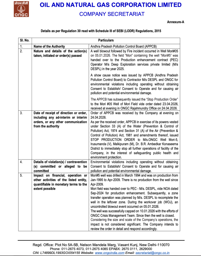 ONGC Receives Stop Production Order from Andhra Pradesh Pollution ...