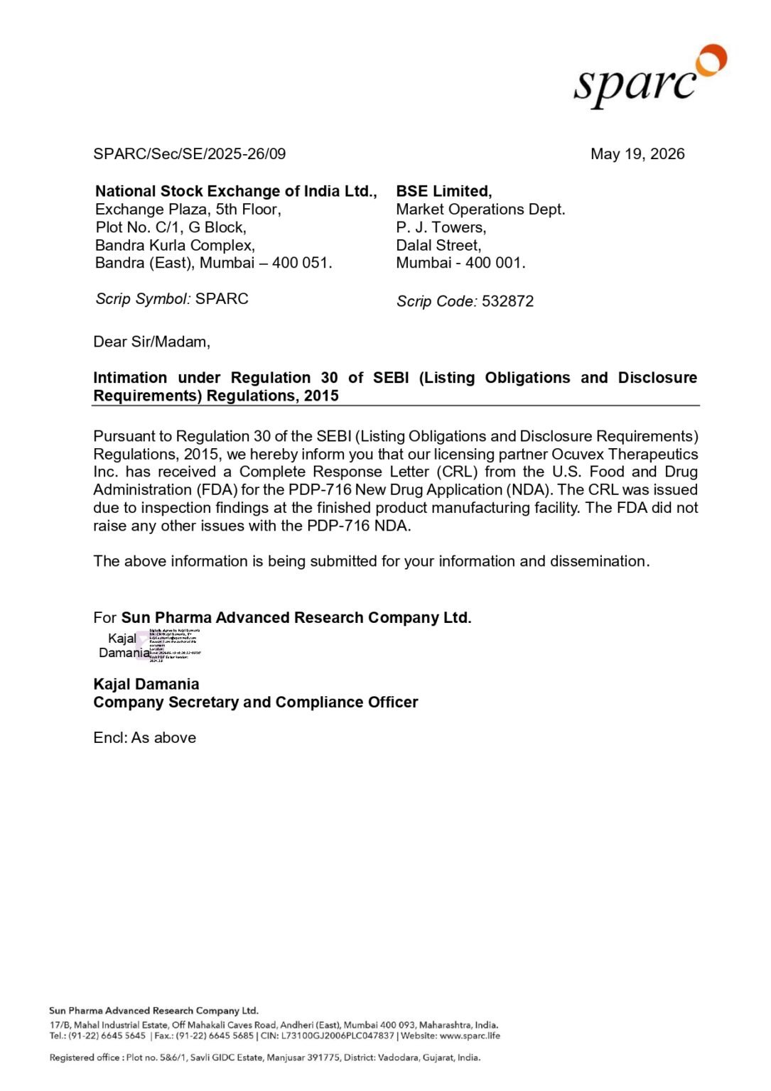 SPARC Receives FDA Complete Response Letter for PDP-716 NDA - Innovacia ...