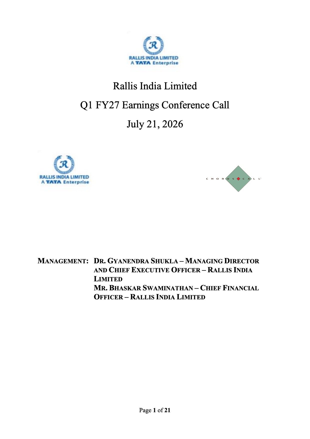 Rallis India Q1 FY27 Earnings Call Transcript