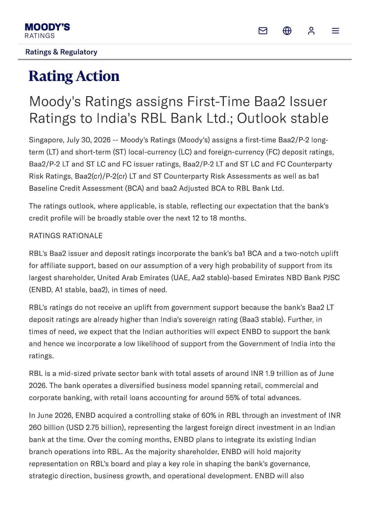 RBL Bank Moody’s Baa2 Rating
