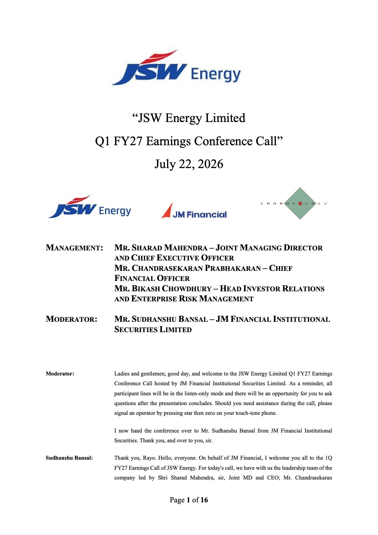 JSW Energy Q1 FY27 Earnings Call Transcript