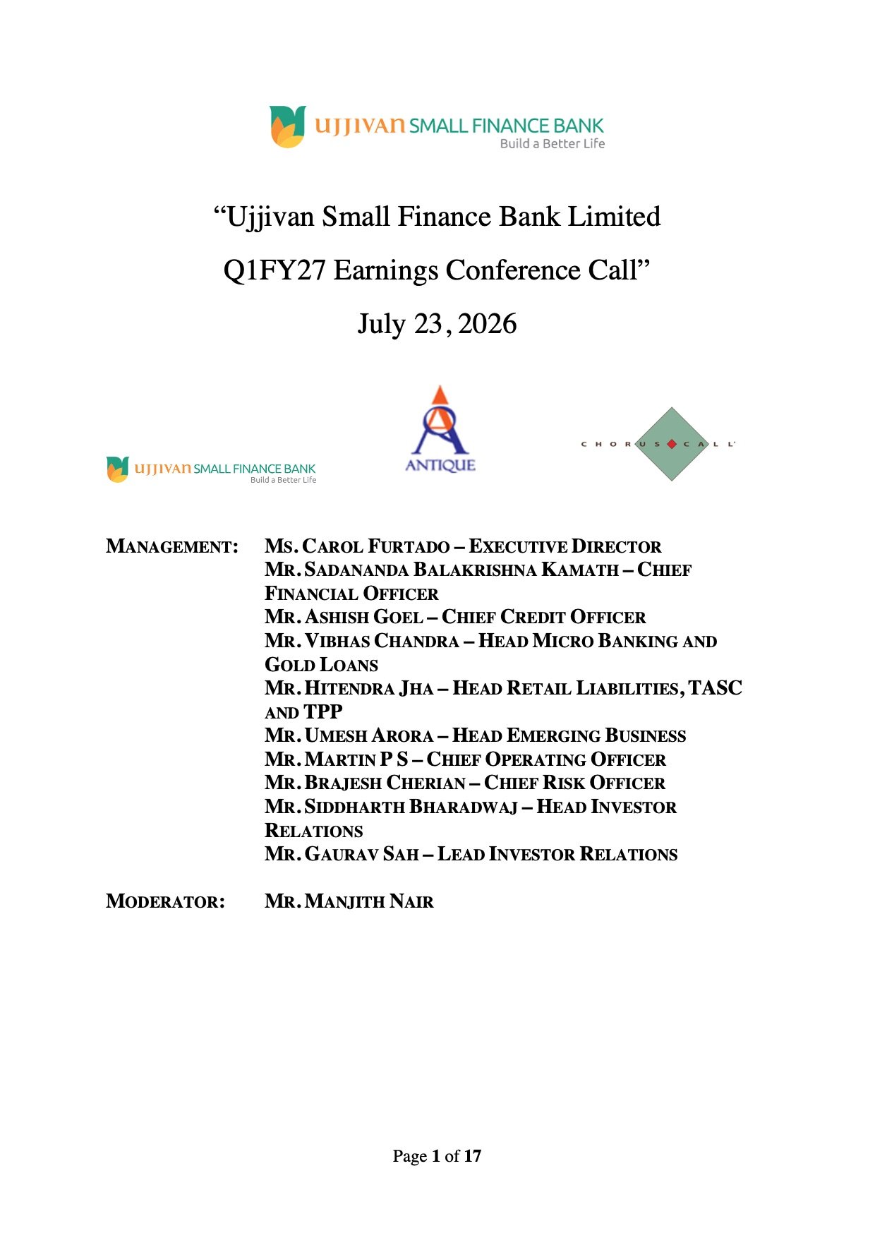 Ujjivan Small Finance Bank Q1 FY27 Results