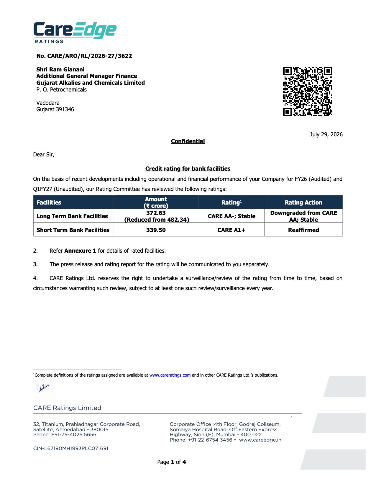 Gujarat Alkalies CARE Credit Rating Downgrade