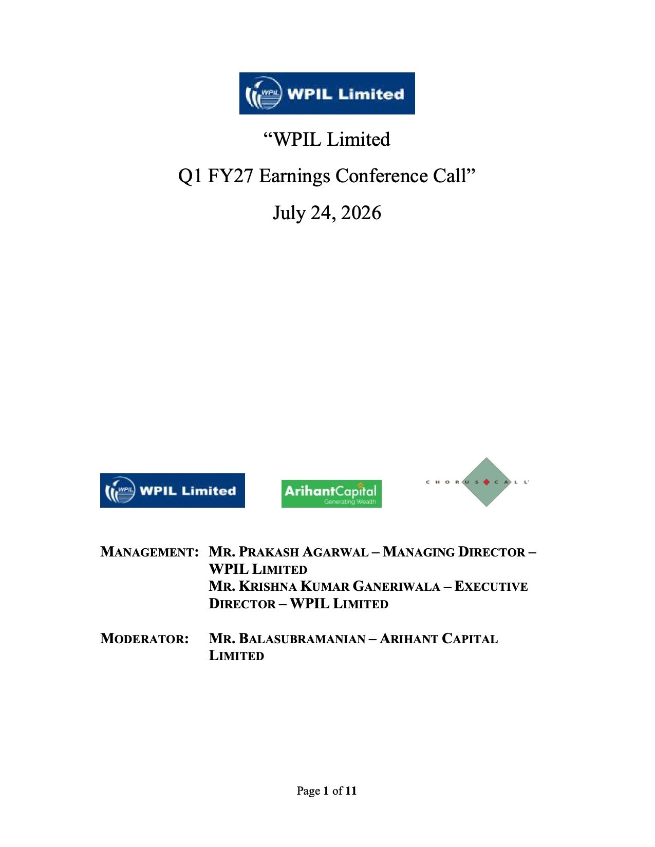 WPIL Q1 FY27 Earnings Call Highlights