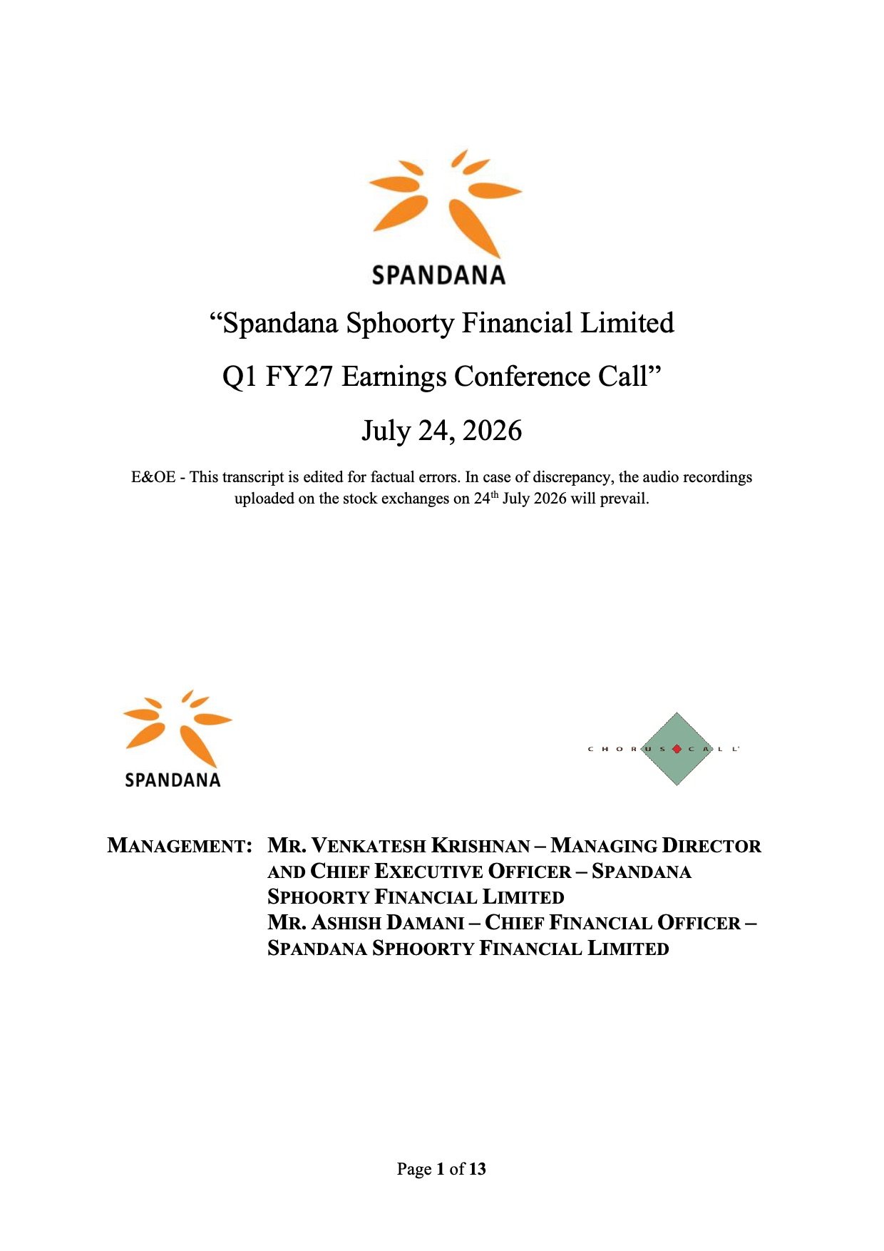 Spandana Sphoorty Q1 FY27 Earnings Call