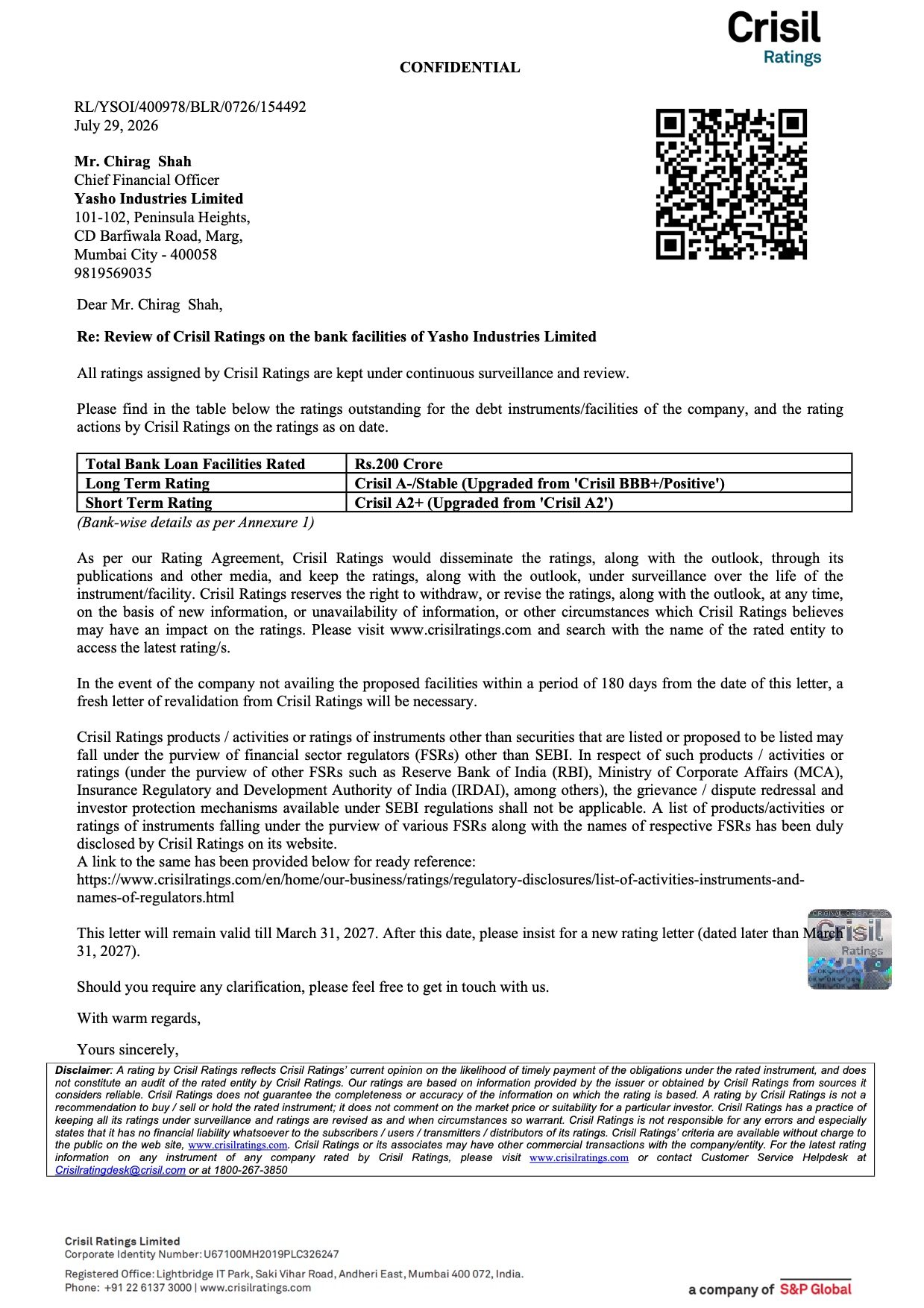 Yasho Industries Credit Rating Upgrade