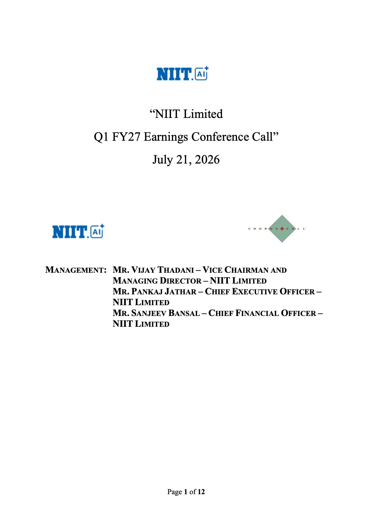 NIIT Q1 FY27 Earnings Call