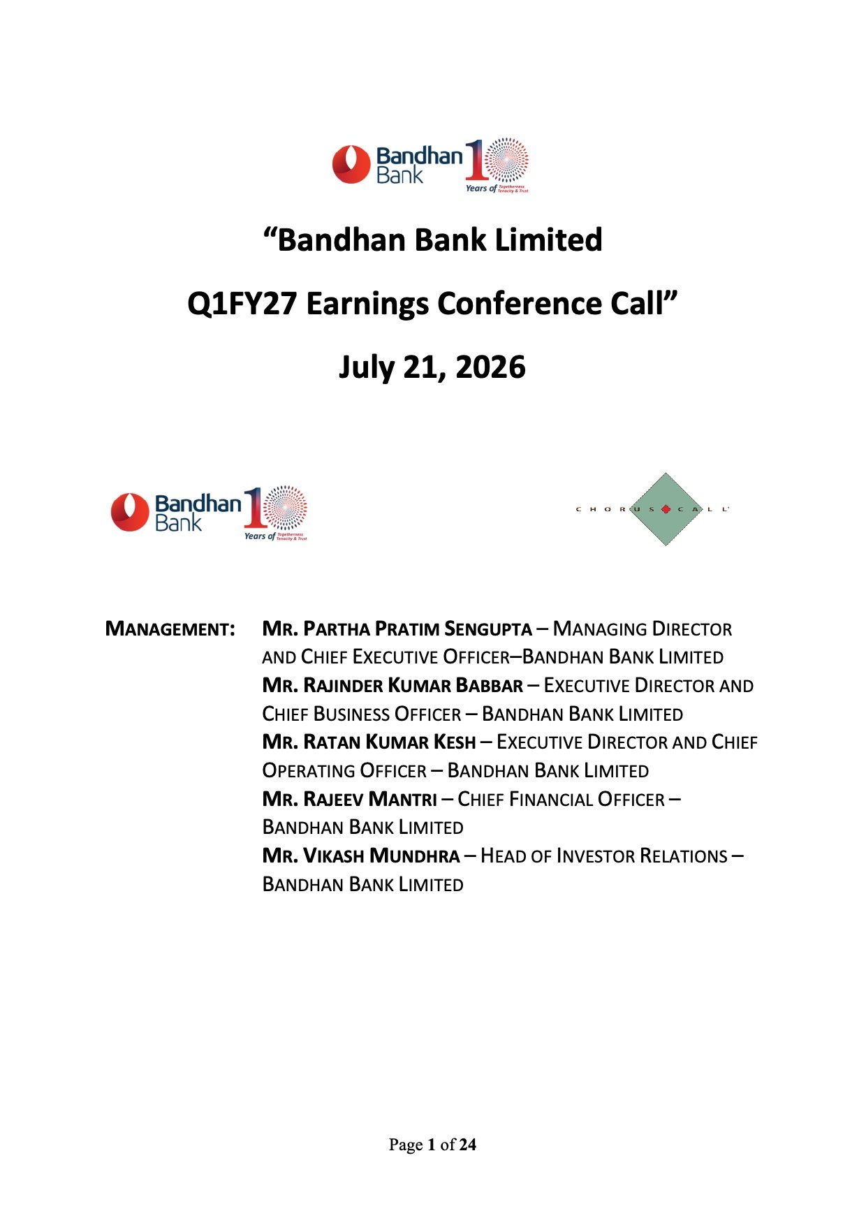 Bandhan Bank Q1 FY27 Earnings Call Transcript