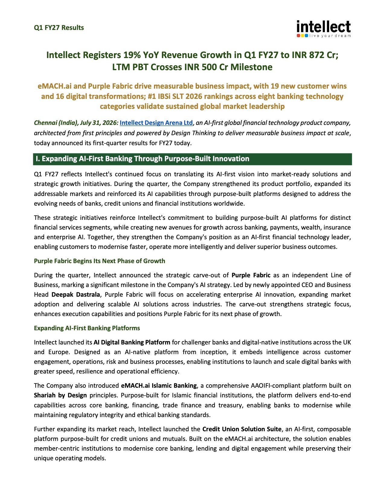 Intellect Design Arena Q1 FY27 Results