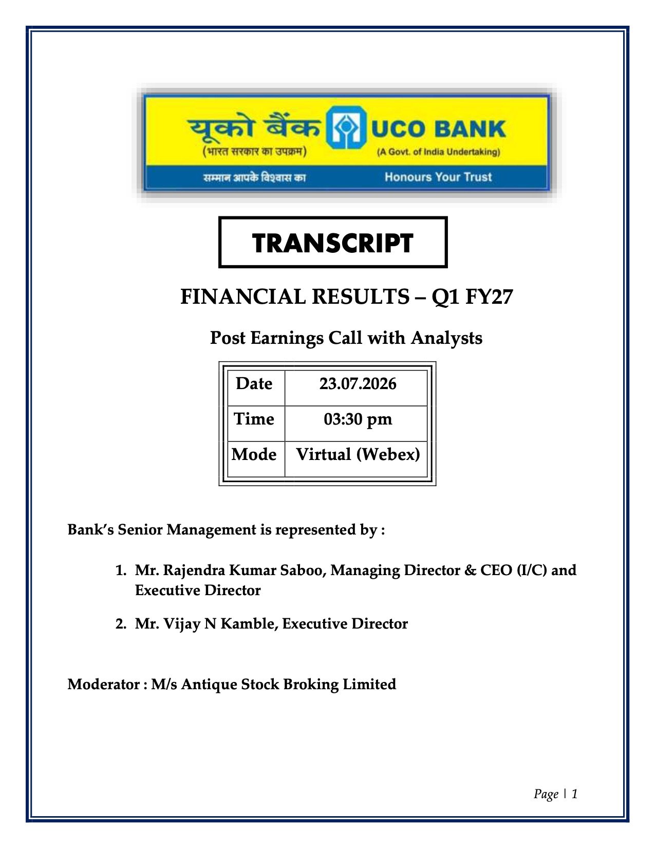 UCO Bank Q1 FY27 Earnings Call