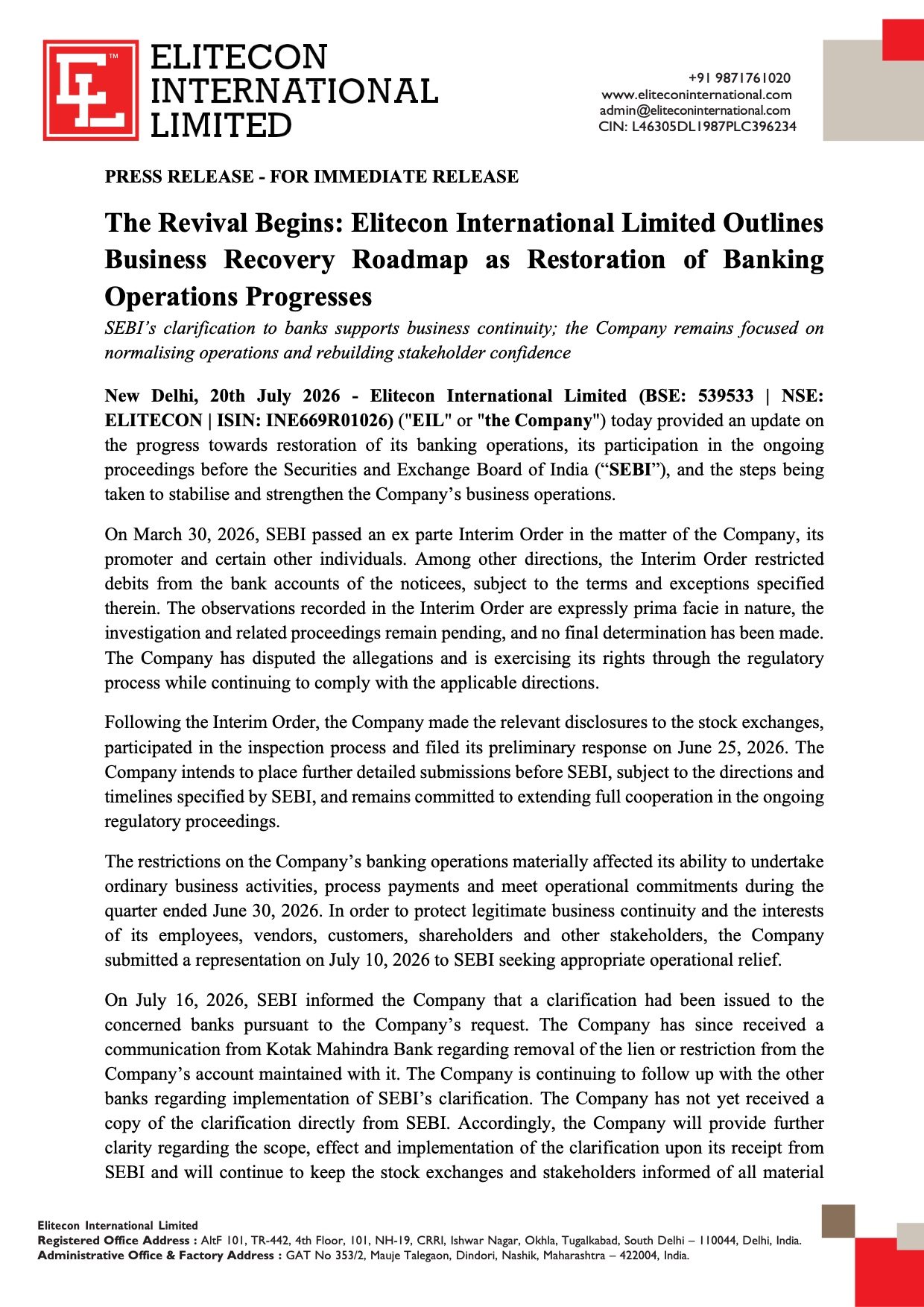 Elitecon International Outlines Business Recovery Roadmap as Banking Operations Begin to Normalize
