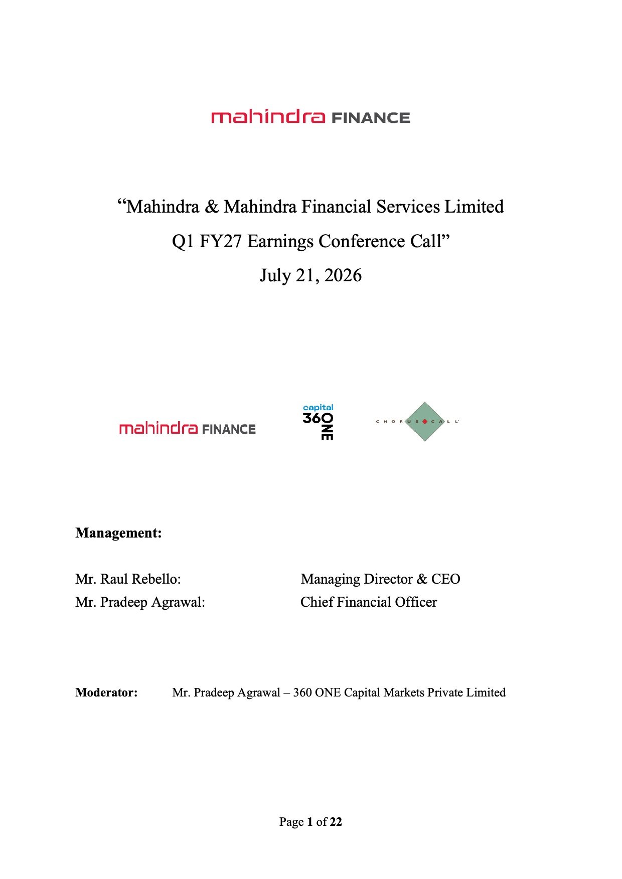 Mahindra Finance Q1 FY27 Earnings Call Transcript
