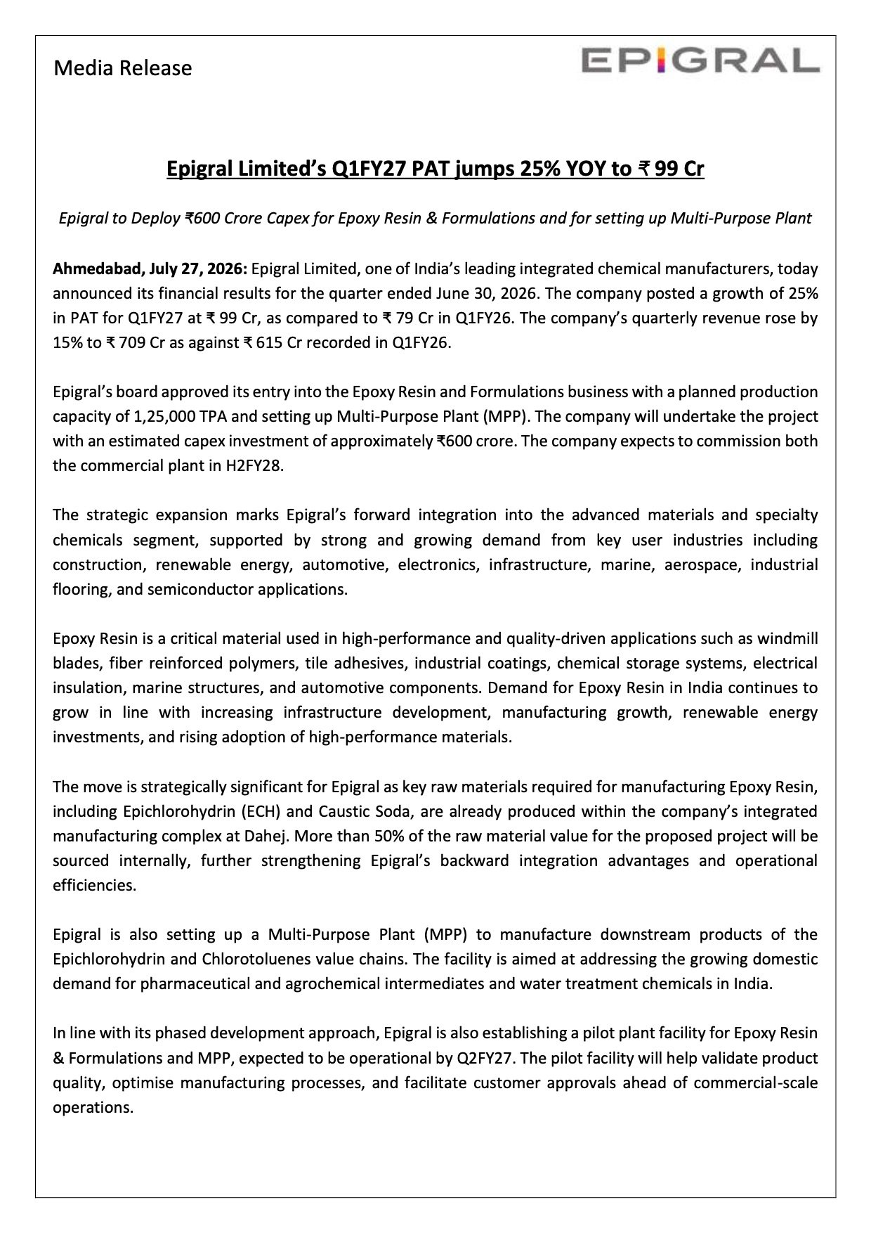 Epigral Q1 FY27 Results