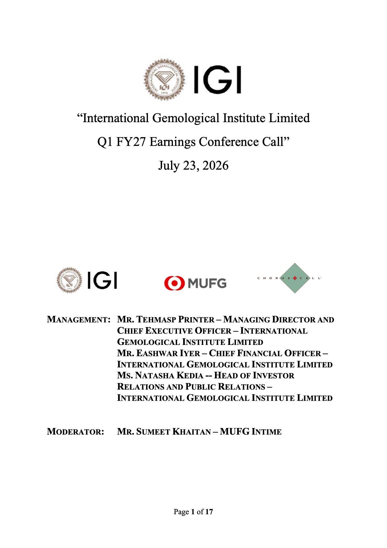 IGI Q1 FY27 Earnings Call