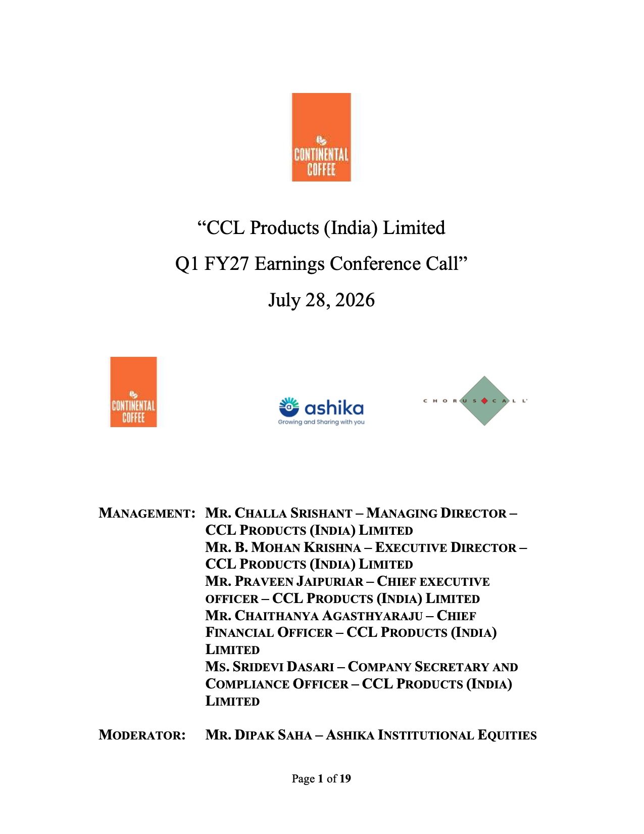CCL Products Q1 FY27 Earnings Call