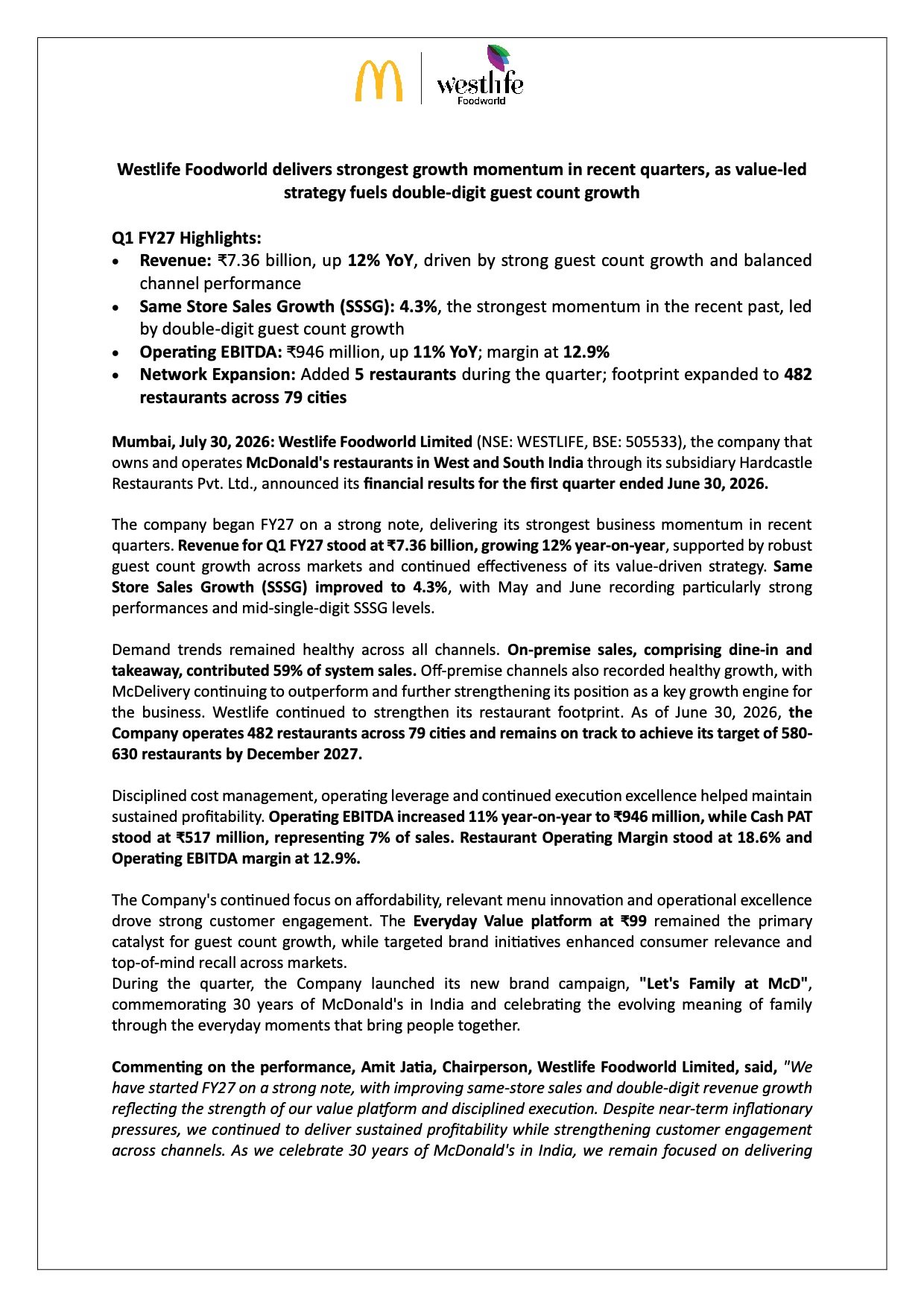 Westlife Foodworld Q1 FY27 Results