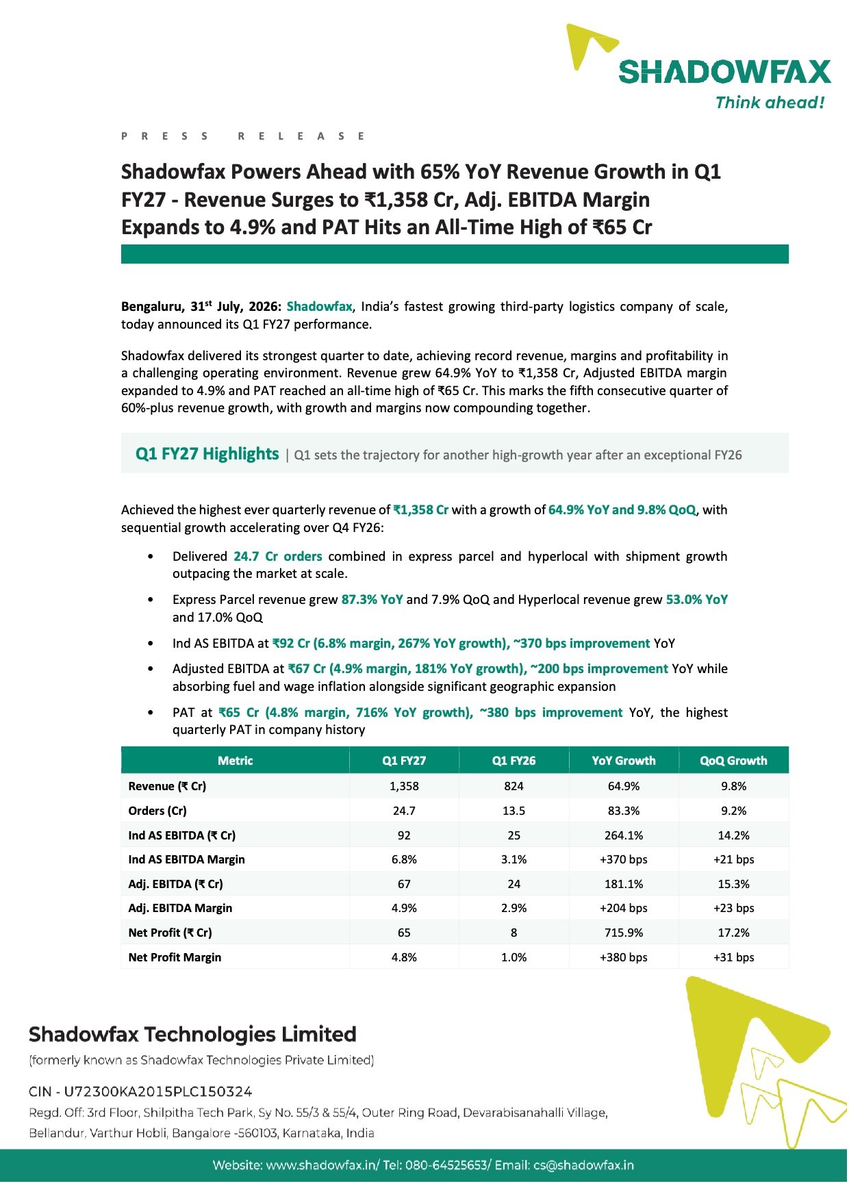 Shadowfax Q1 FY27 Results