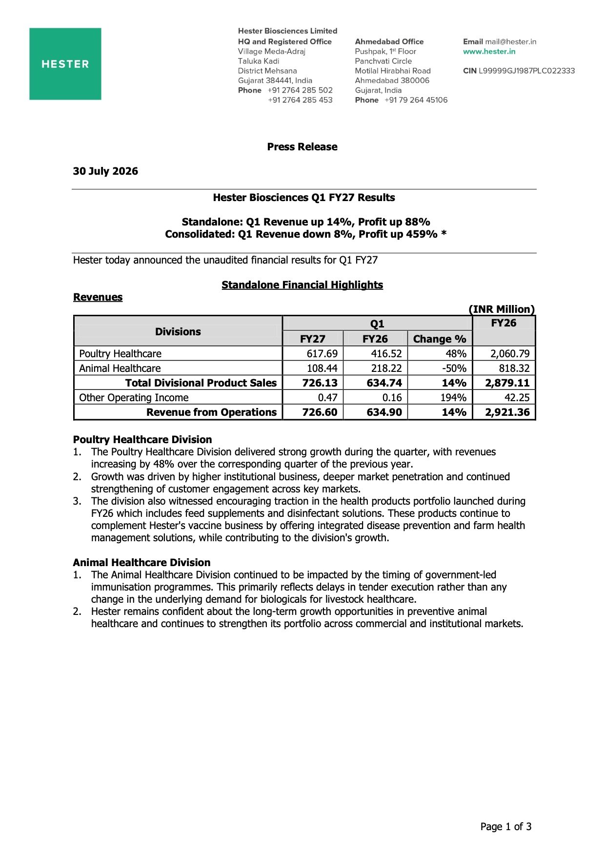 Hester Biosciences Q1 FY27 Results