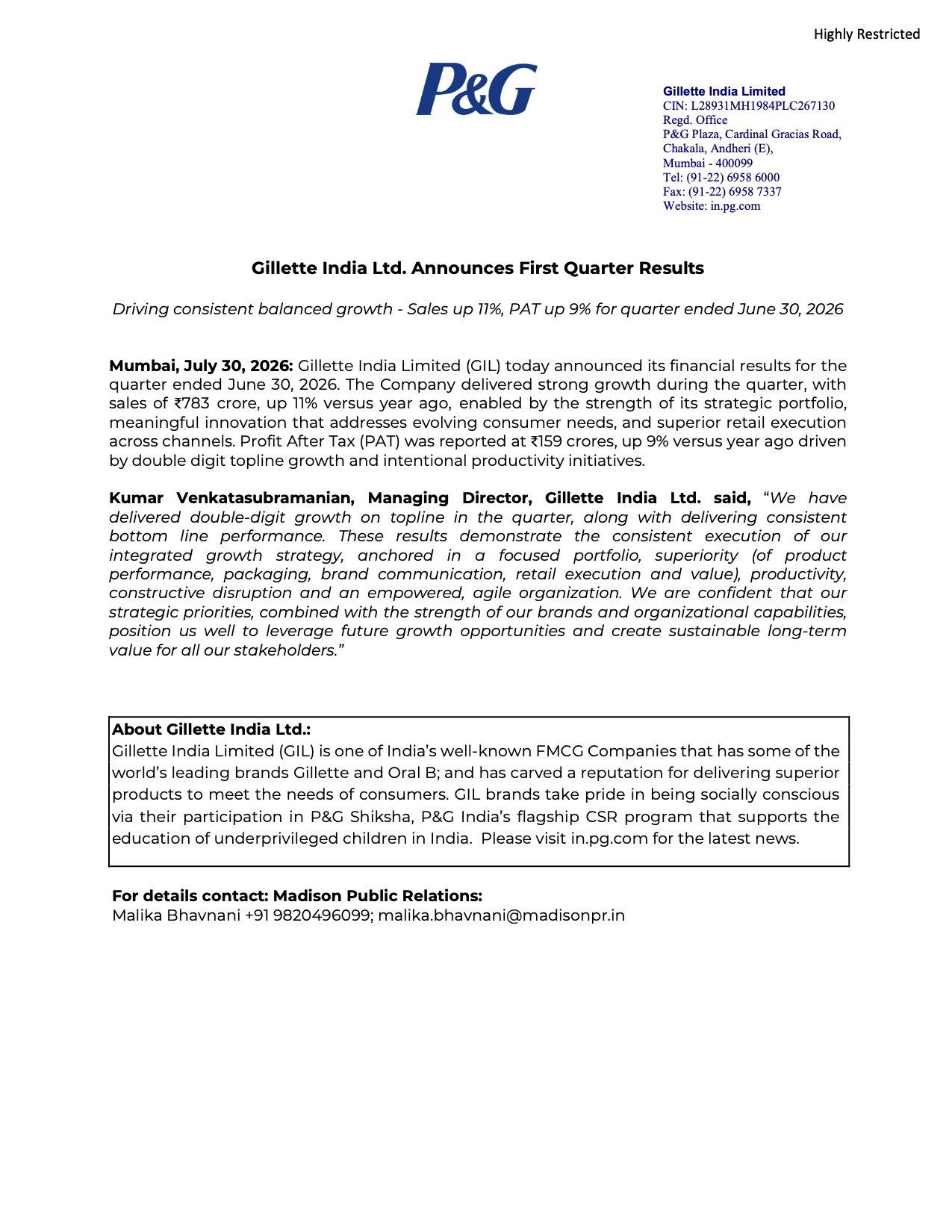 Gillette India Q1 FY27 Results