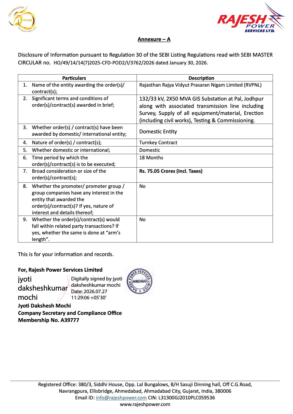 Rajesh Power Services RVPNL Order
