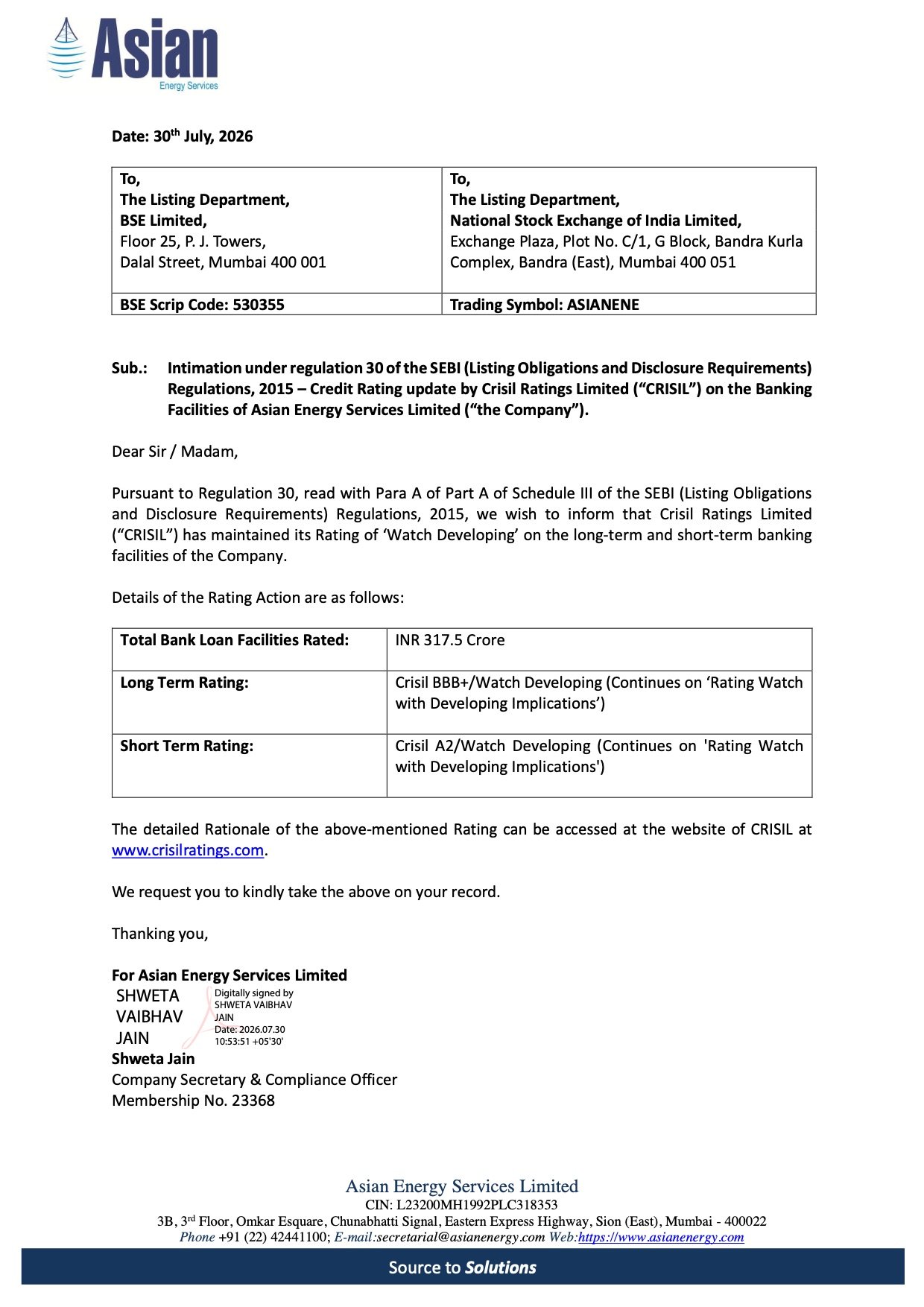Asian Energy CRISIL Rating Watch
