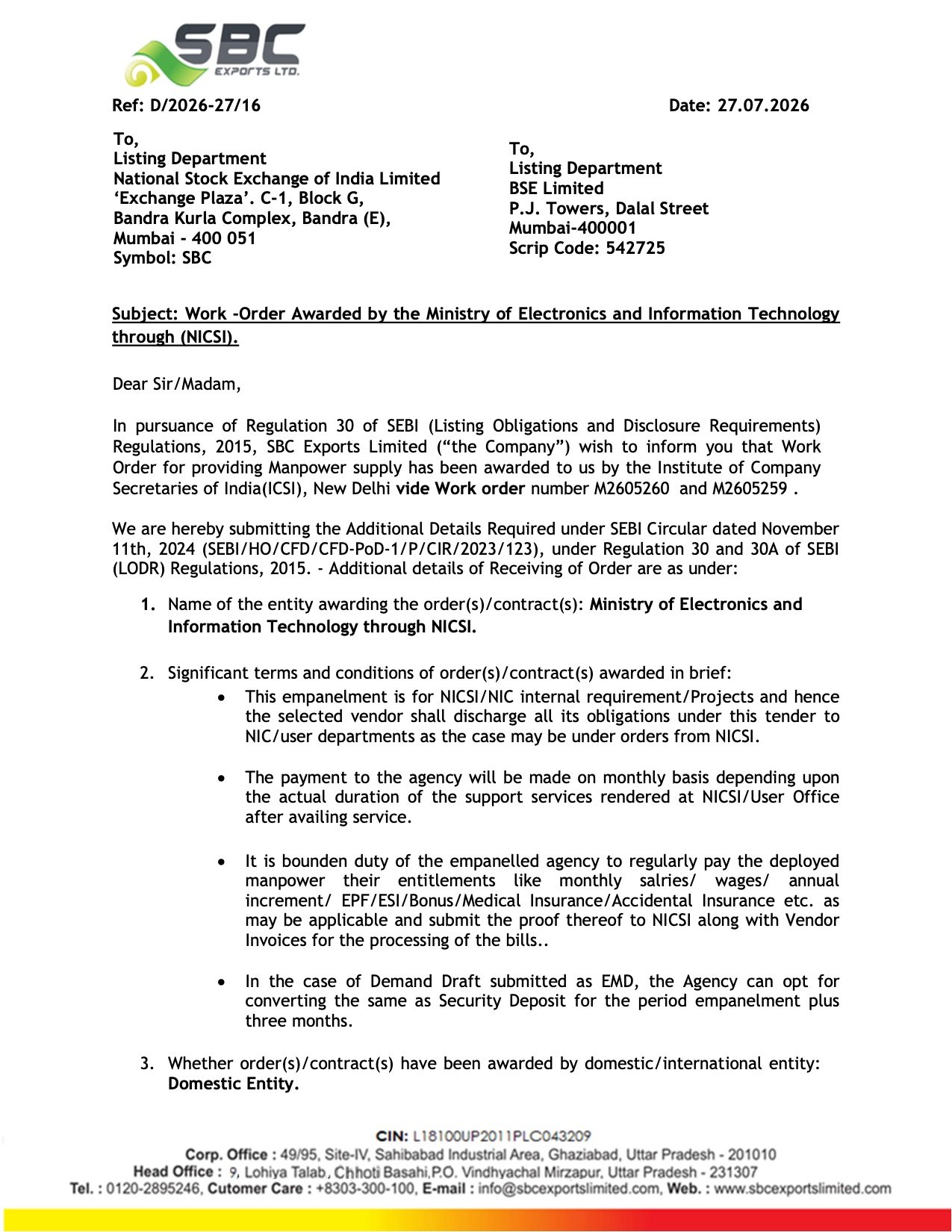 SBC Exports NICSI Order