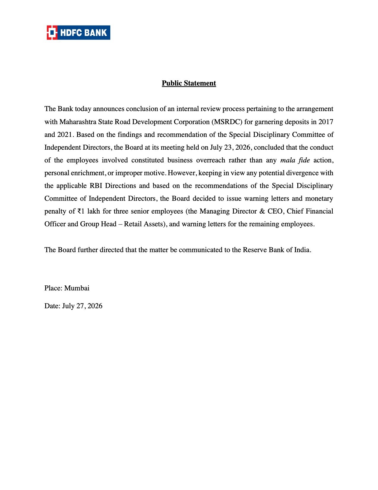 HDFC Bank MSRDC Internal Review