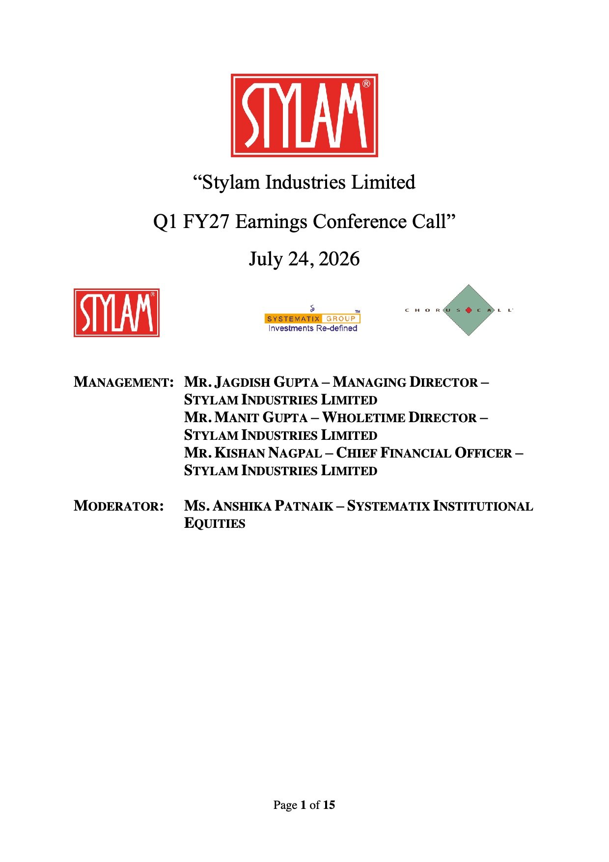 Stylam Industries Q1 FY27 Earnings Call