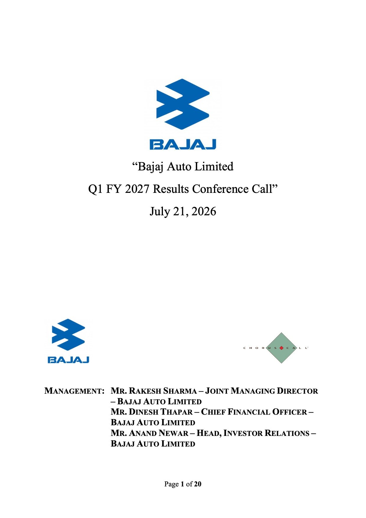 Bajaj Auto Q1 FY27 Earnings Call