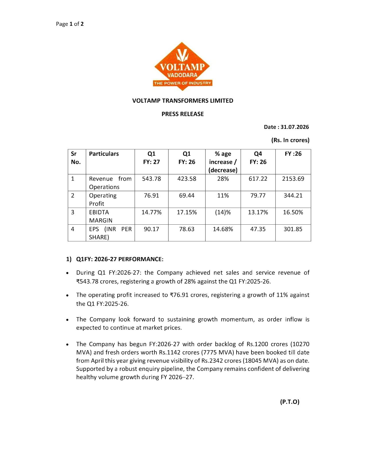 Voltamp Transformers Q1 FY27 Results