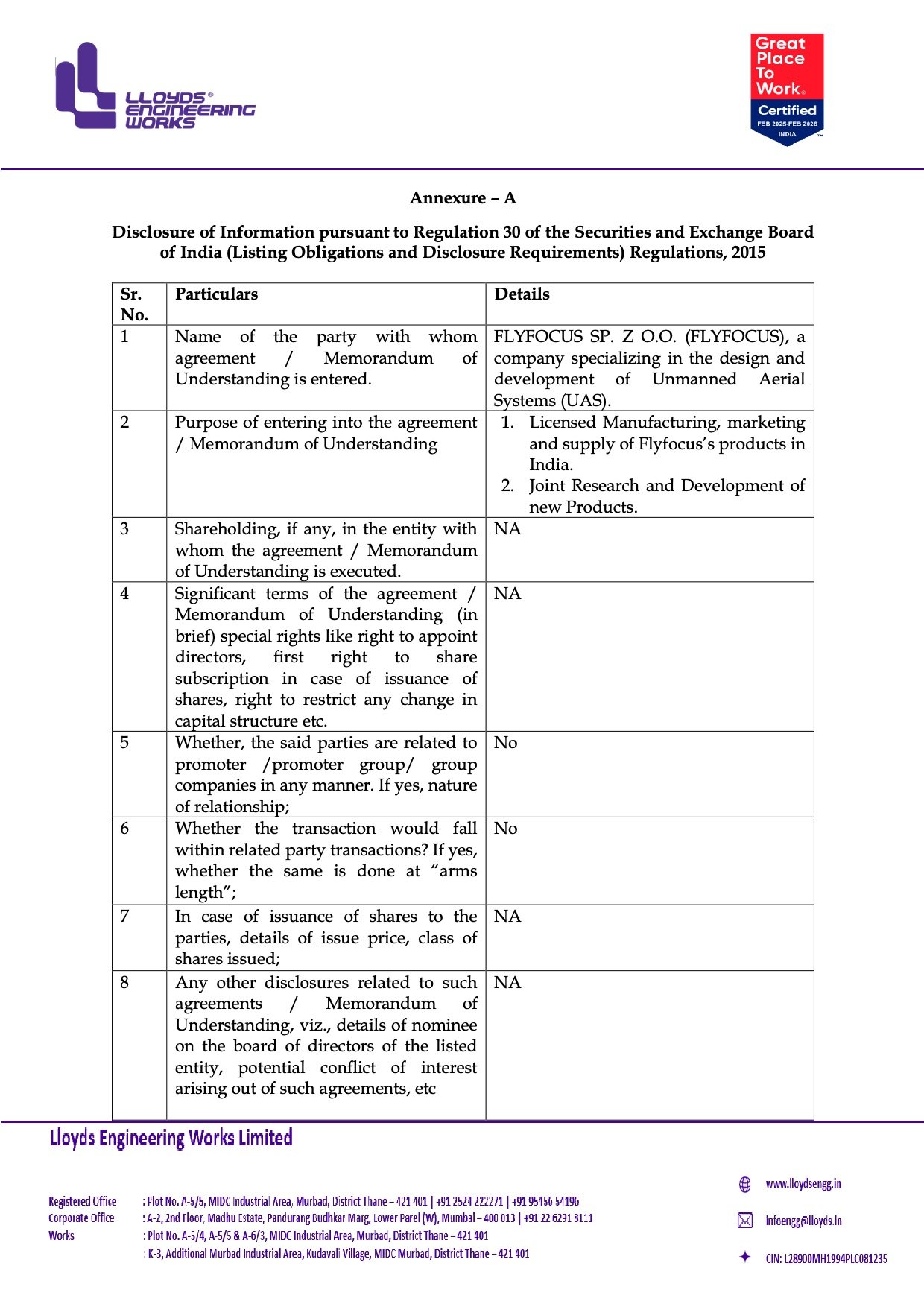 Lloyds Engineering Flyfocus Agreement