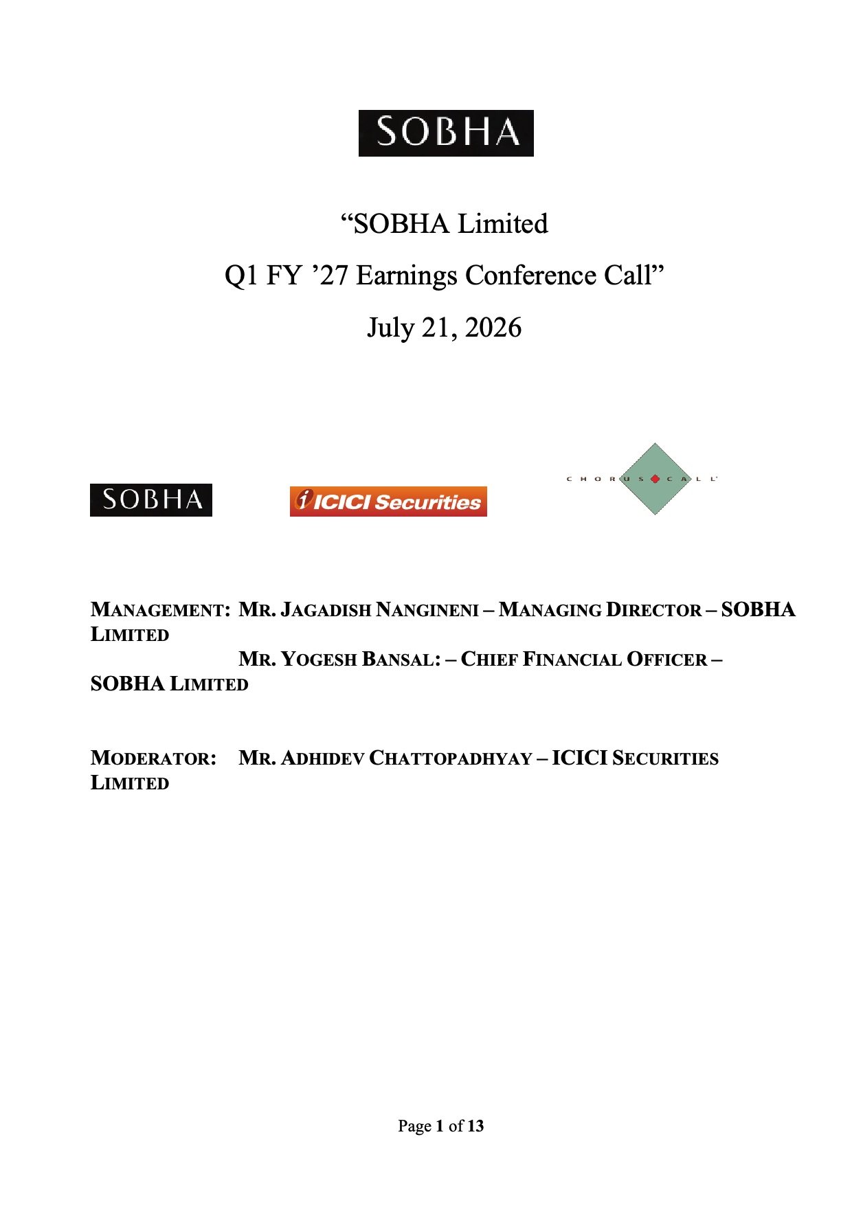 SOBHA Q1 FY27 Earnings Call Transcript