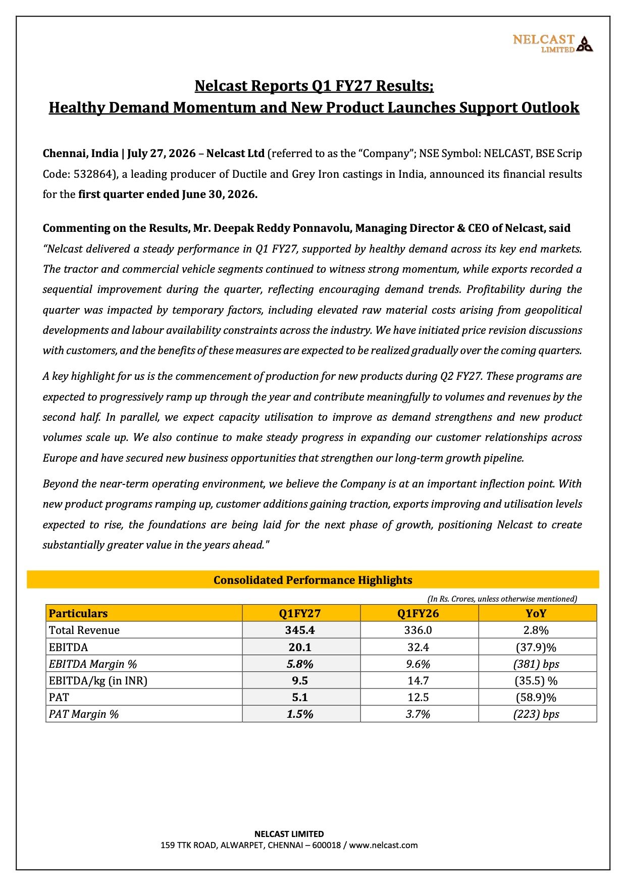 Nelcast Q1 FY27 Results