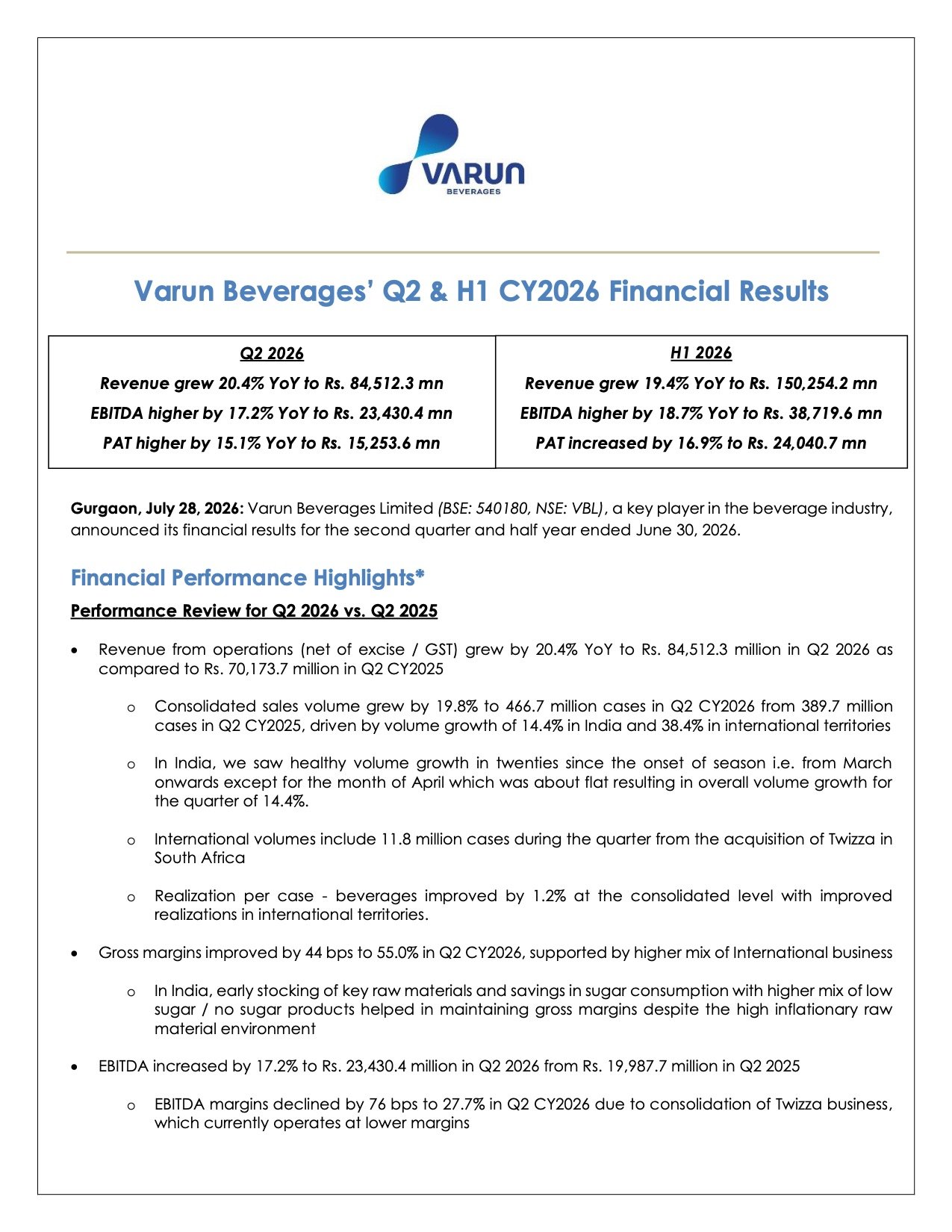 Varun Beverages Q2 CY2026 Results