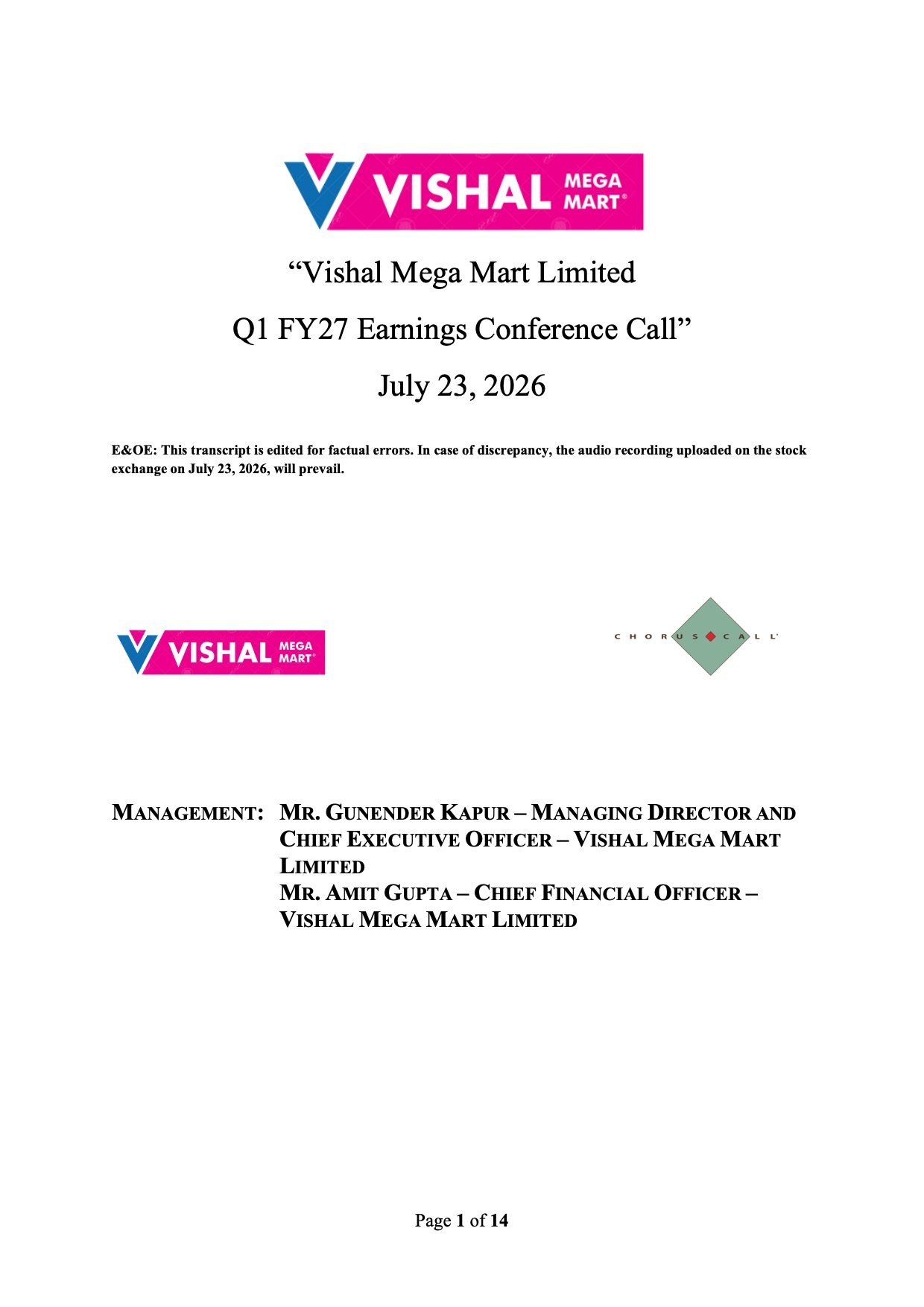 Vishal Mega Mart Q1 FY27 Results