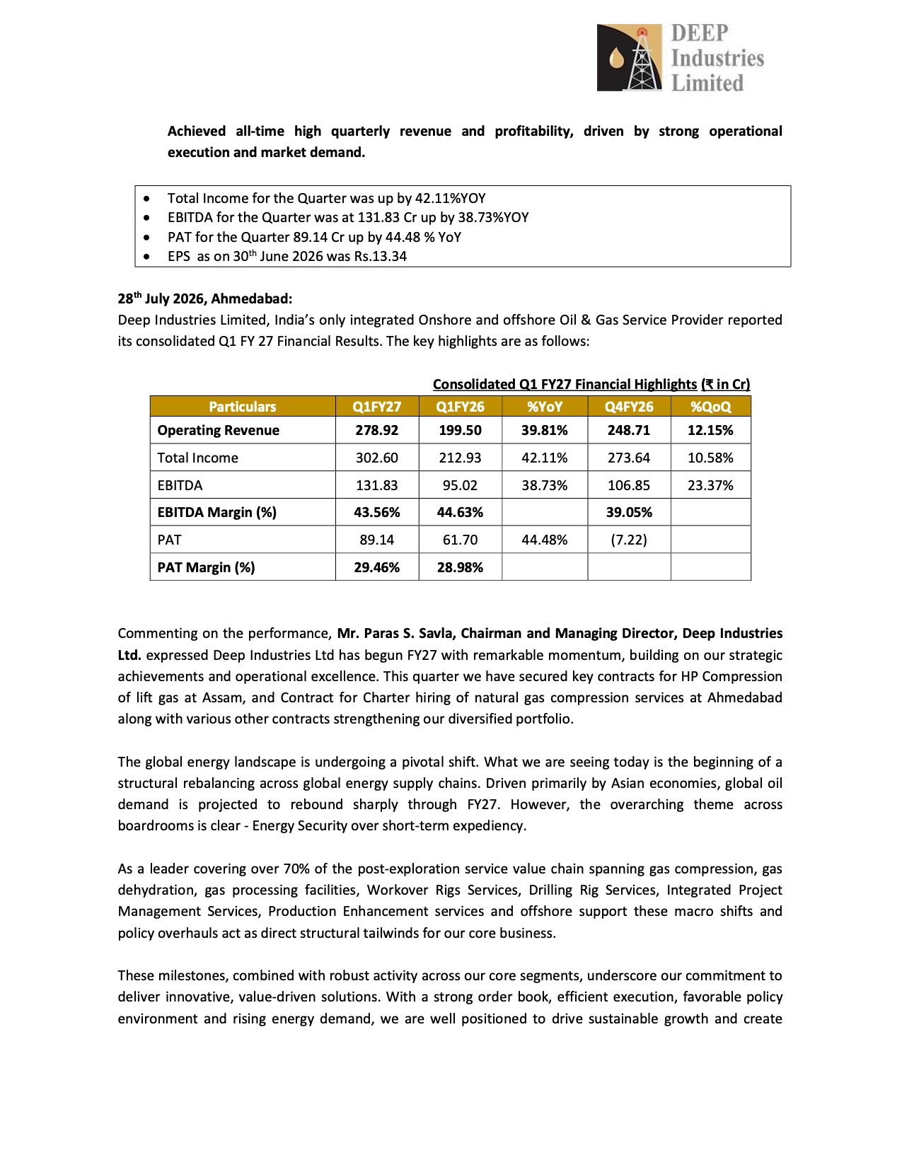Deep Industries Q1 FY27 Results
