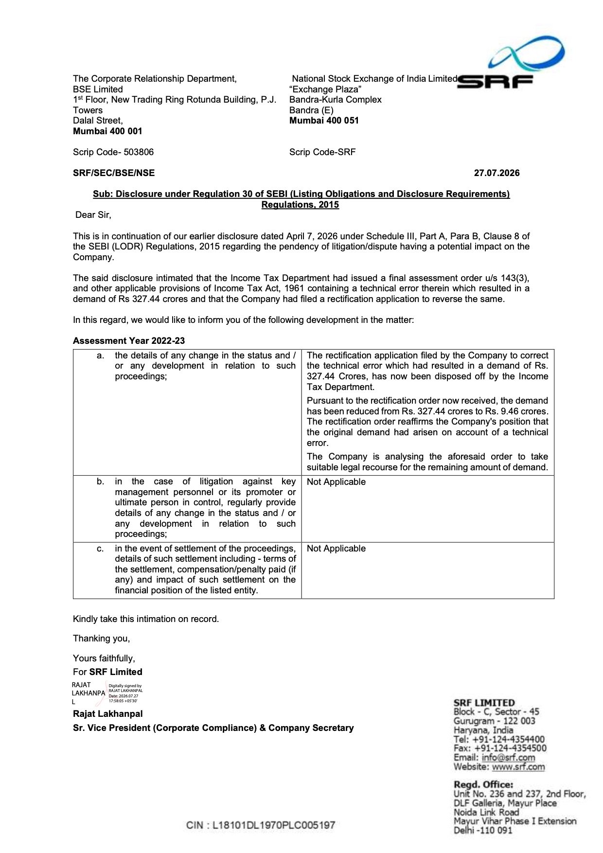 SRF Income Tax Demand Reduced