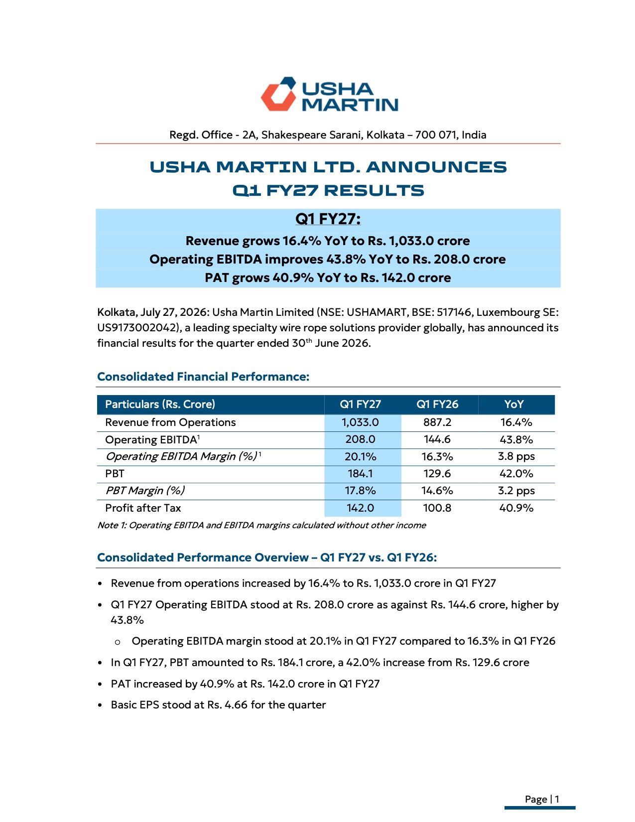Usha Martin Q1 FY27 Results