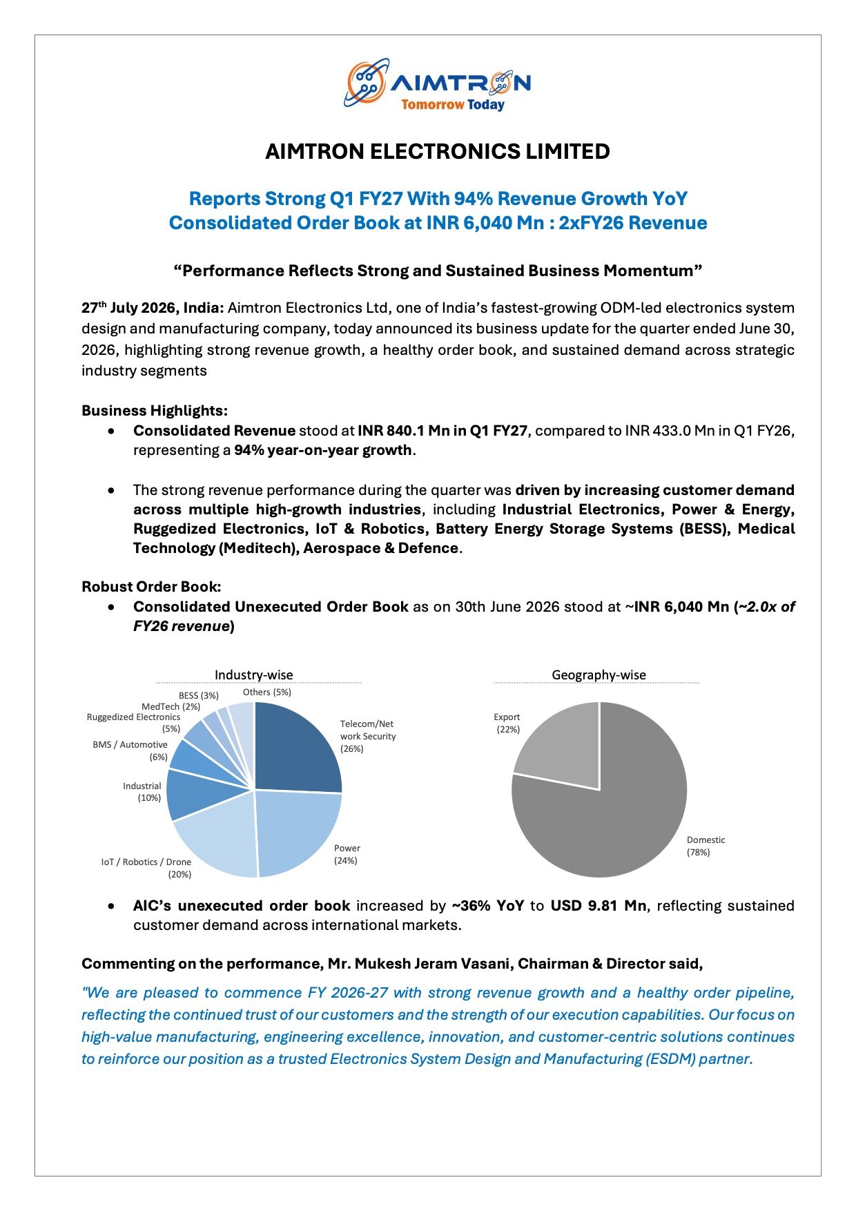 Aimtron Electronics Q1 FY27 Business Update