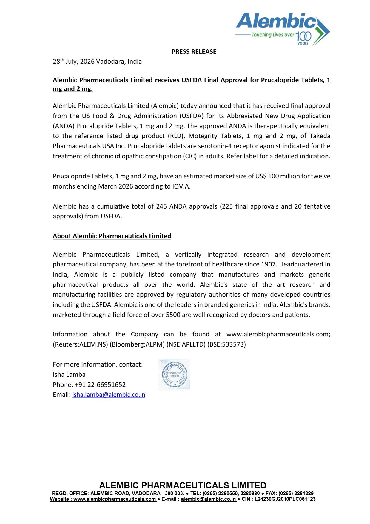 Alembic USFDA Approval