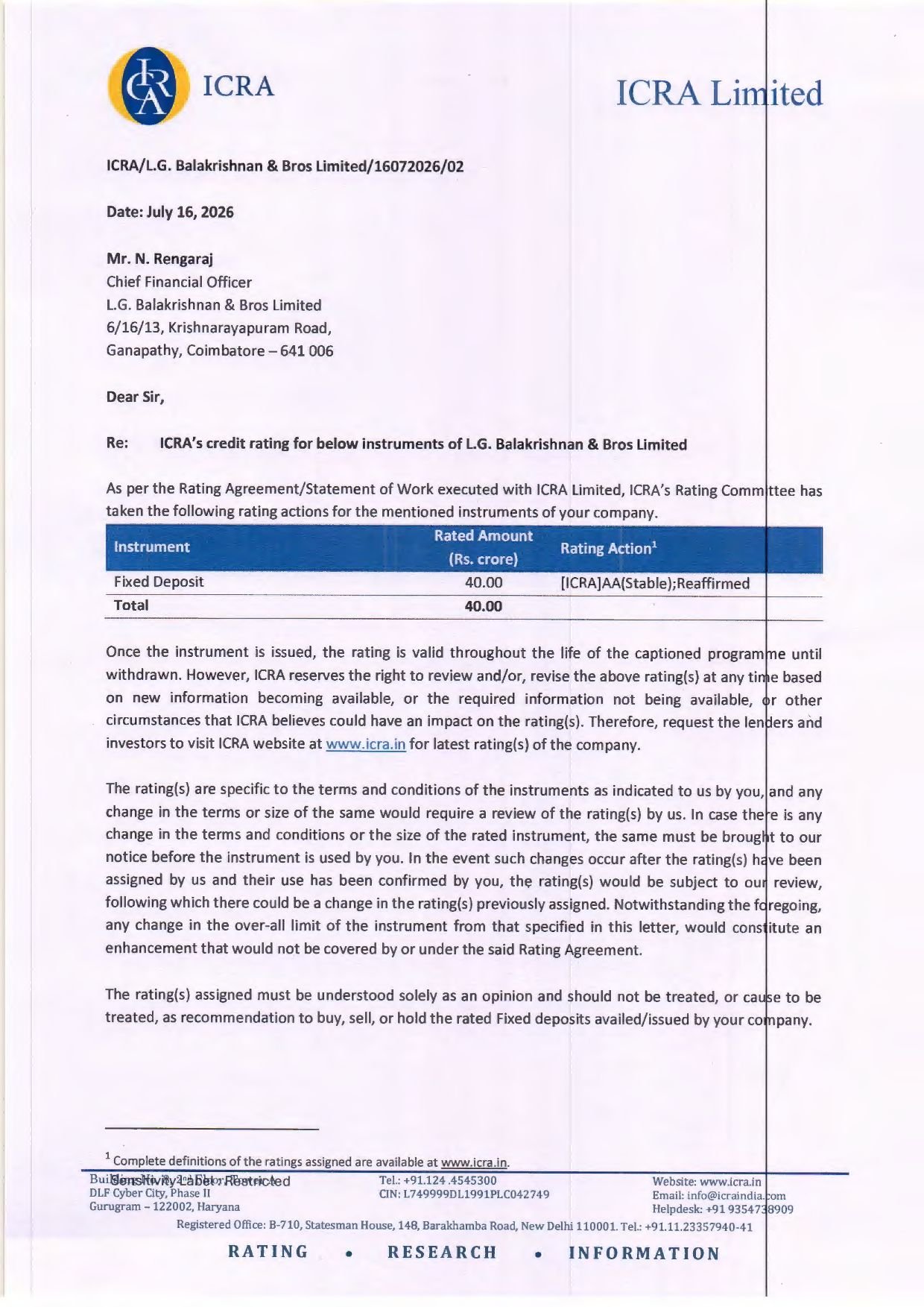 LG Balakrishnan Credit Rating