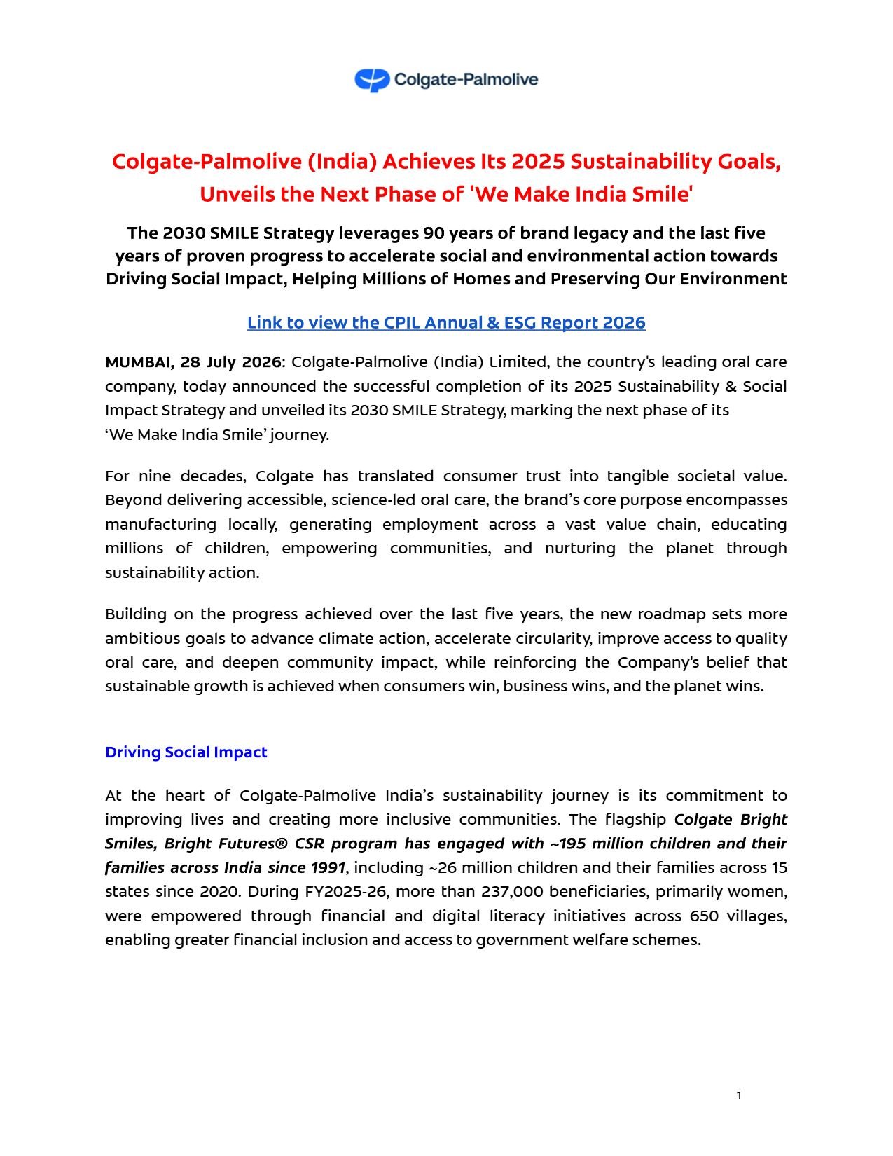 Colgate Sustainability Goals