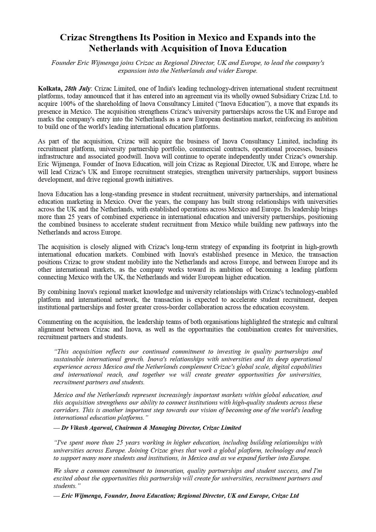 Crizac Inova Acquisition