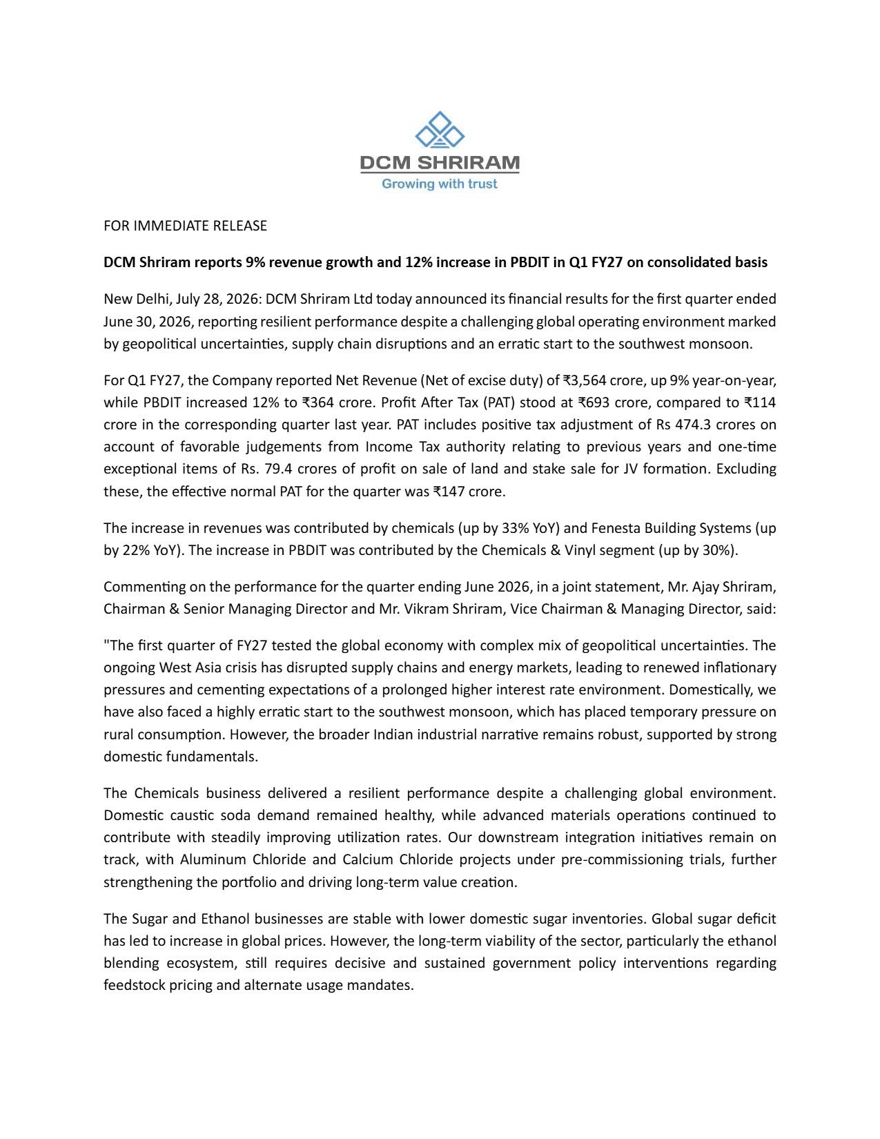 DCM Shriram Q1 Results