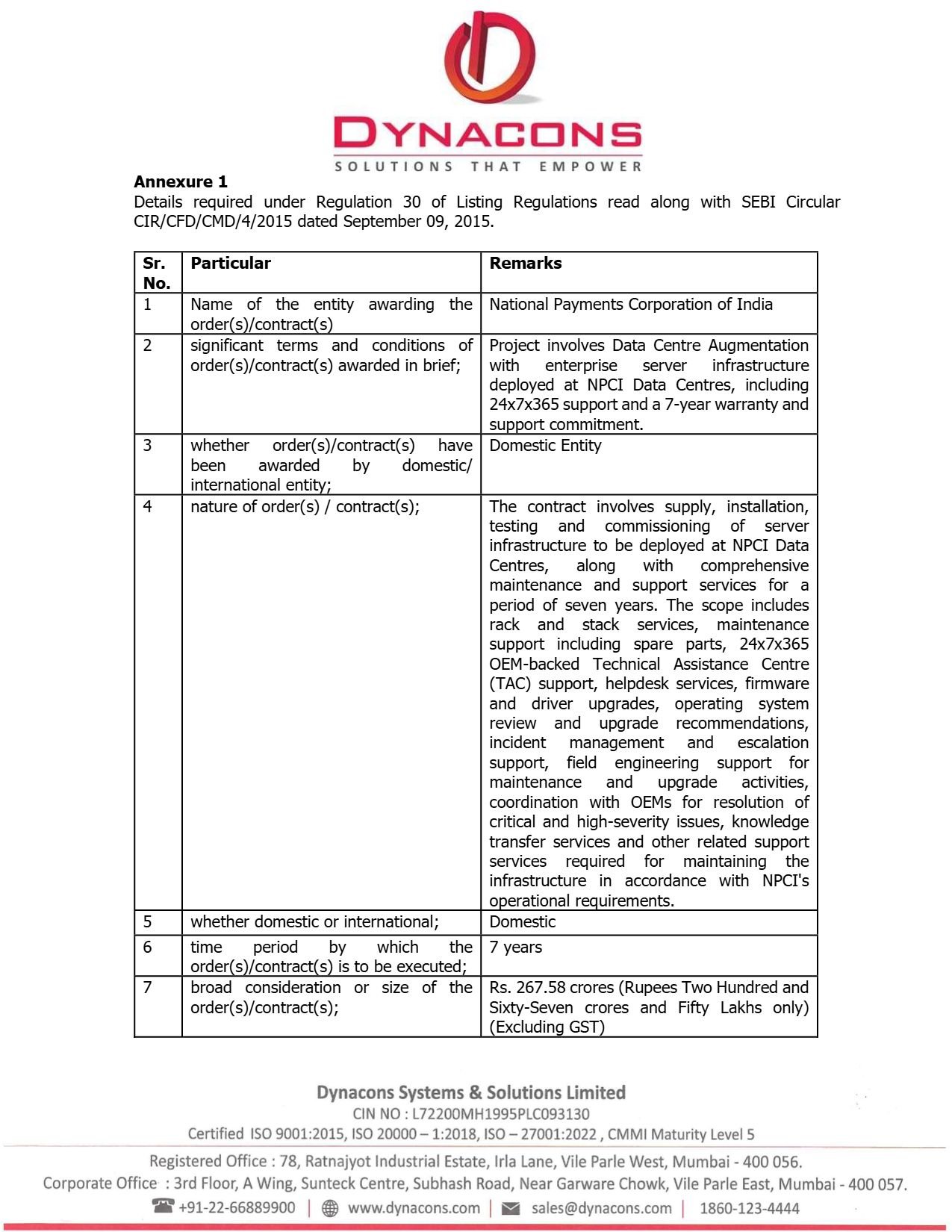 Dynacons NPCI Order