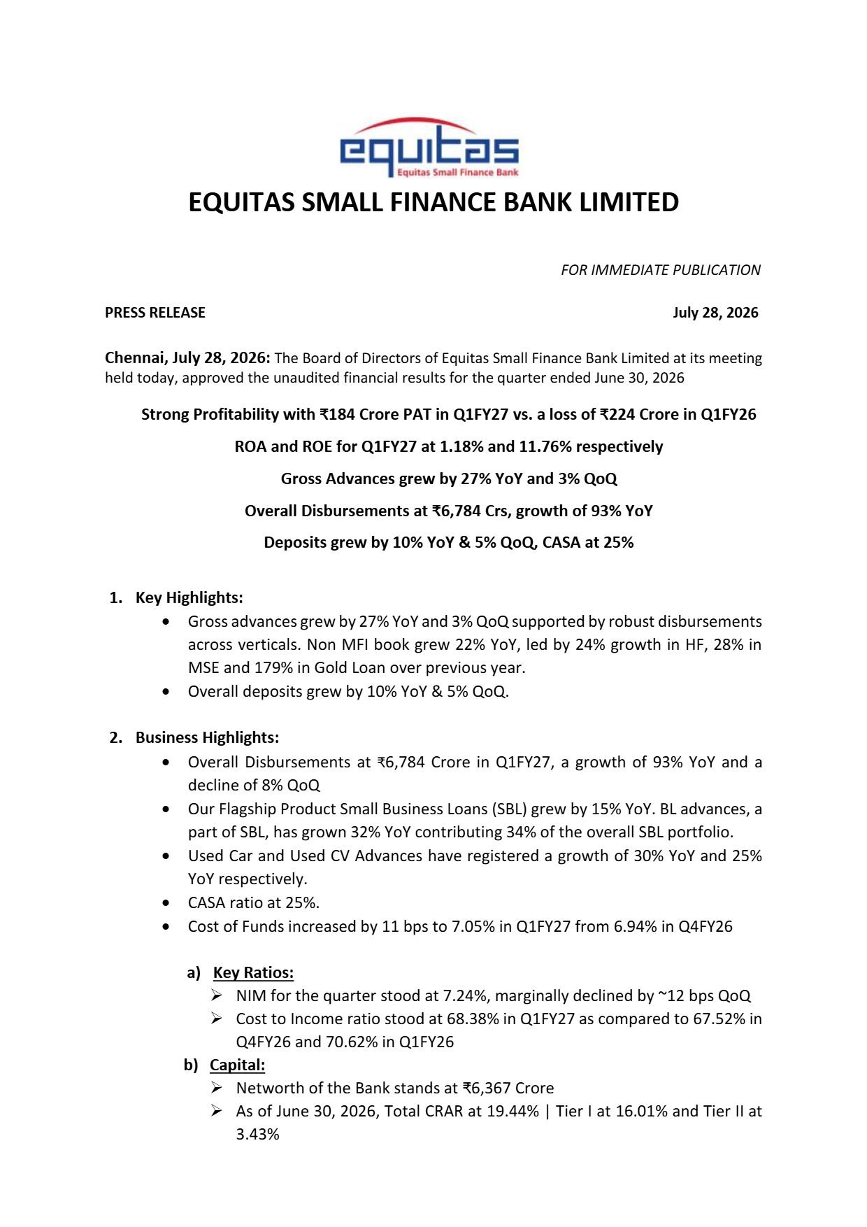 Equitas Q1 Results
