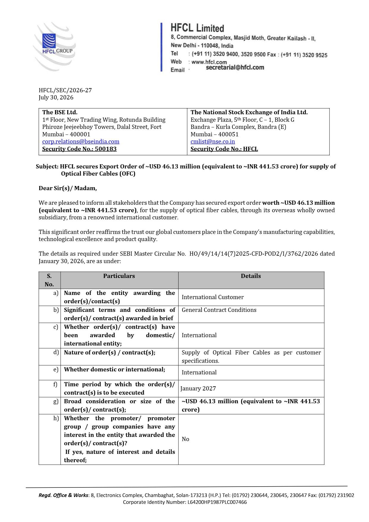 HFCL Export Order