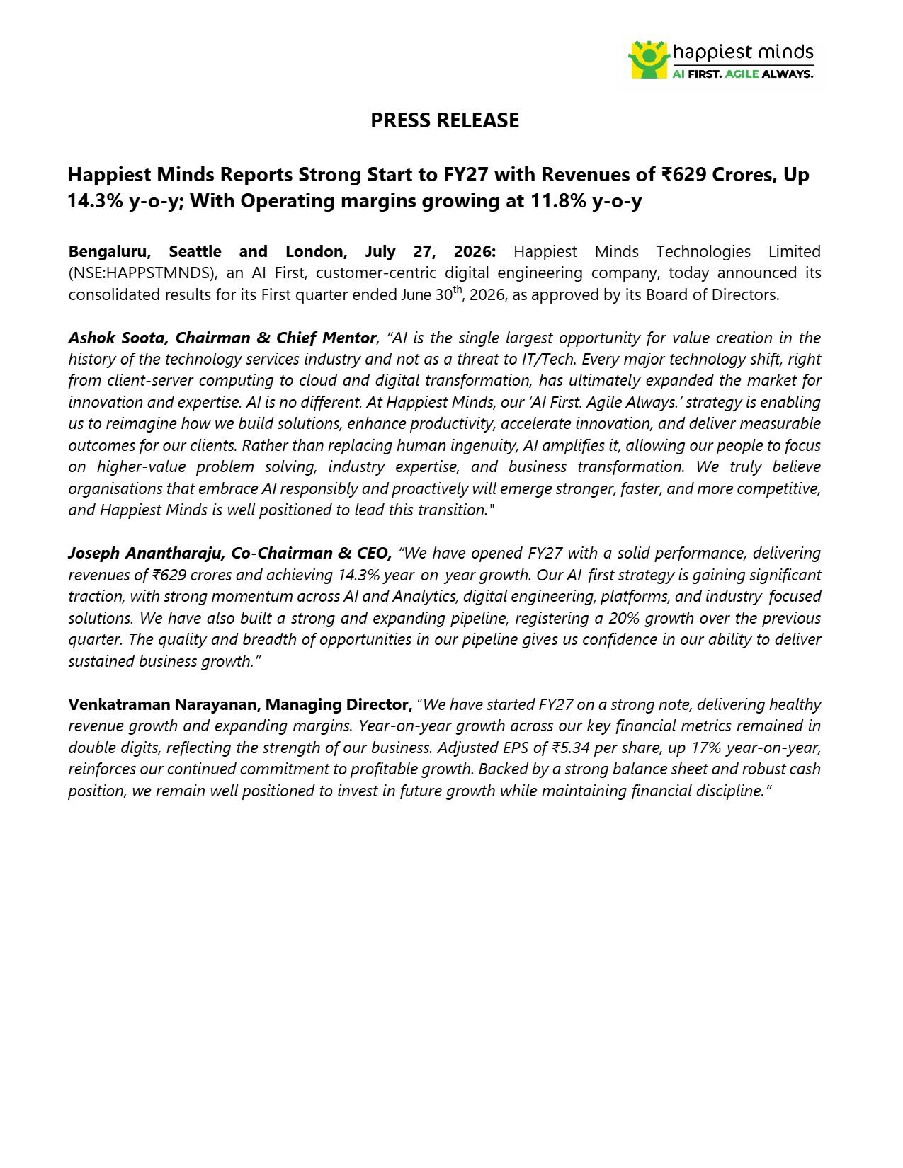 Happiest Minds Q1 FY27 Results
