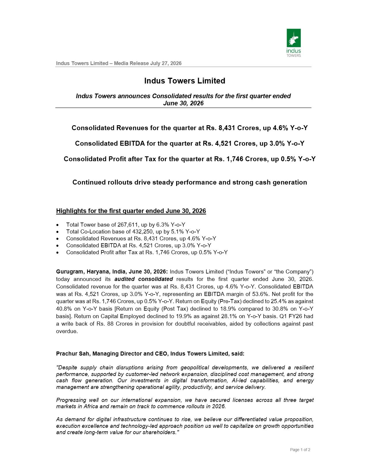 Indus Towers Q1 FY27 Results