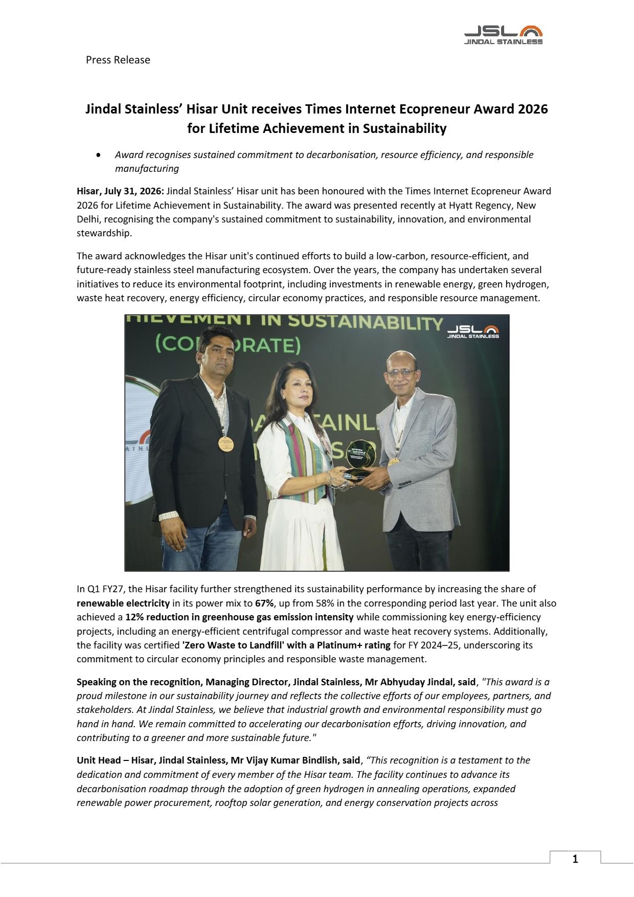 Jindal Stainless Ecopreneur Award 2026